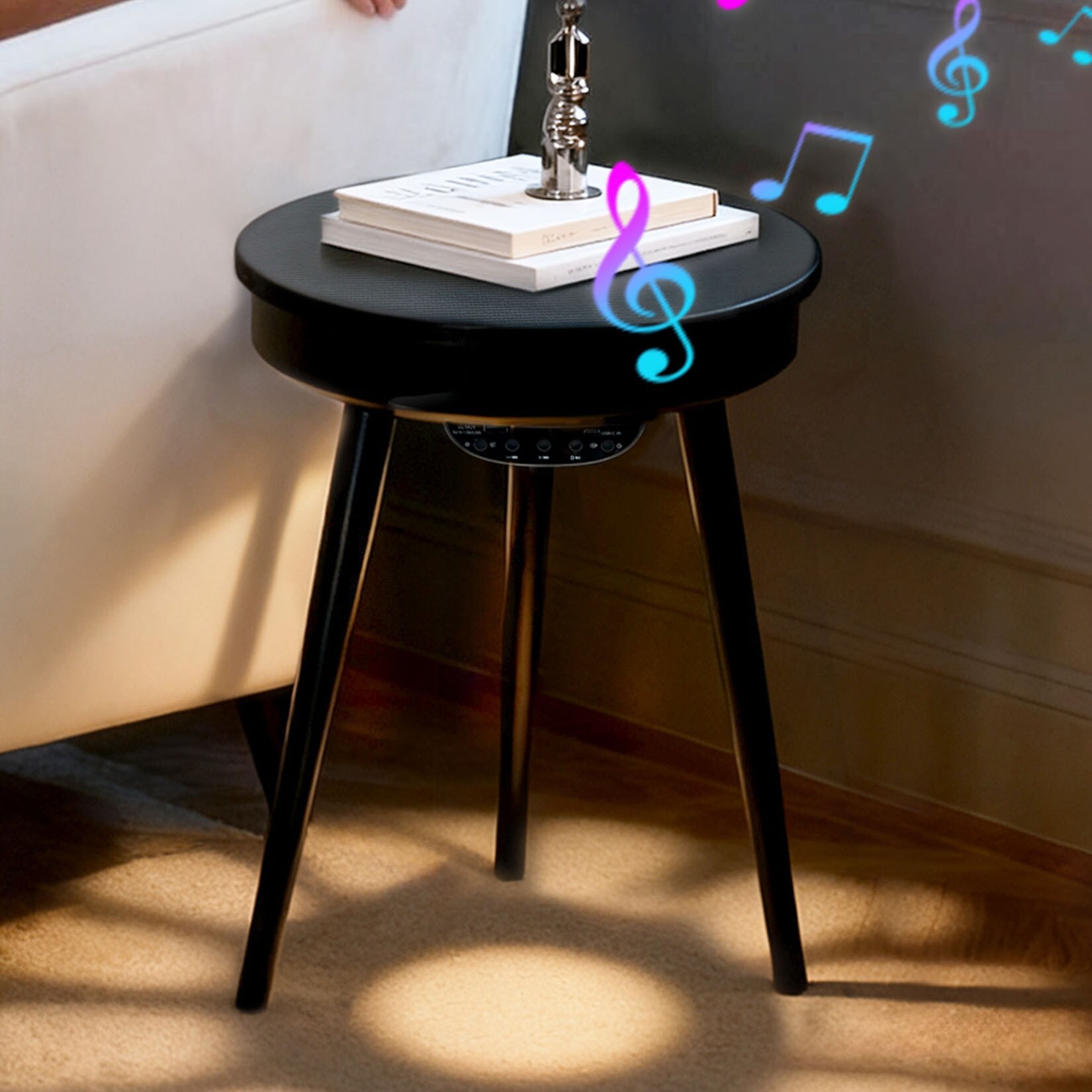 Smart End Table with Bluetooth Speaker, USB Ports and Lights, Round Side Table