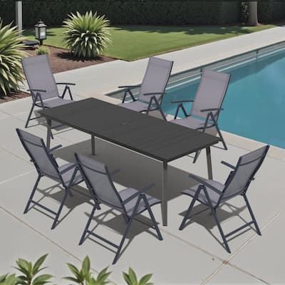 7-Piece Outdoor Rectangle Patio Dining Table with Umbrella Hole and Adjustable Folding Chairs