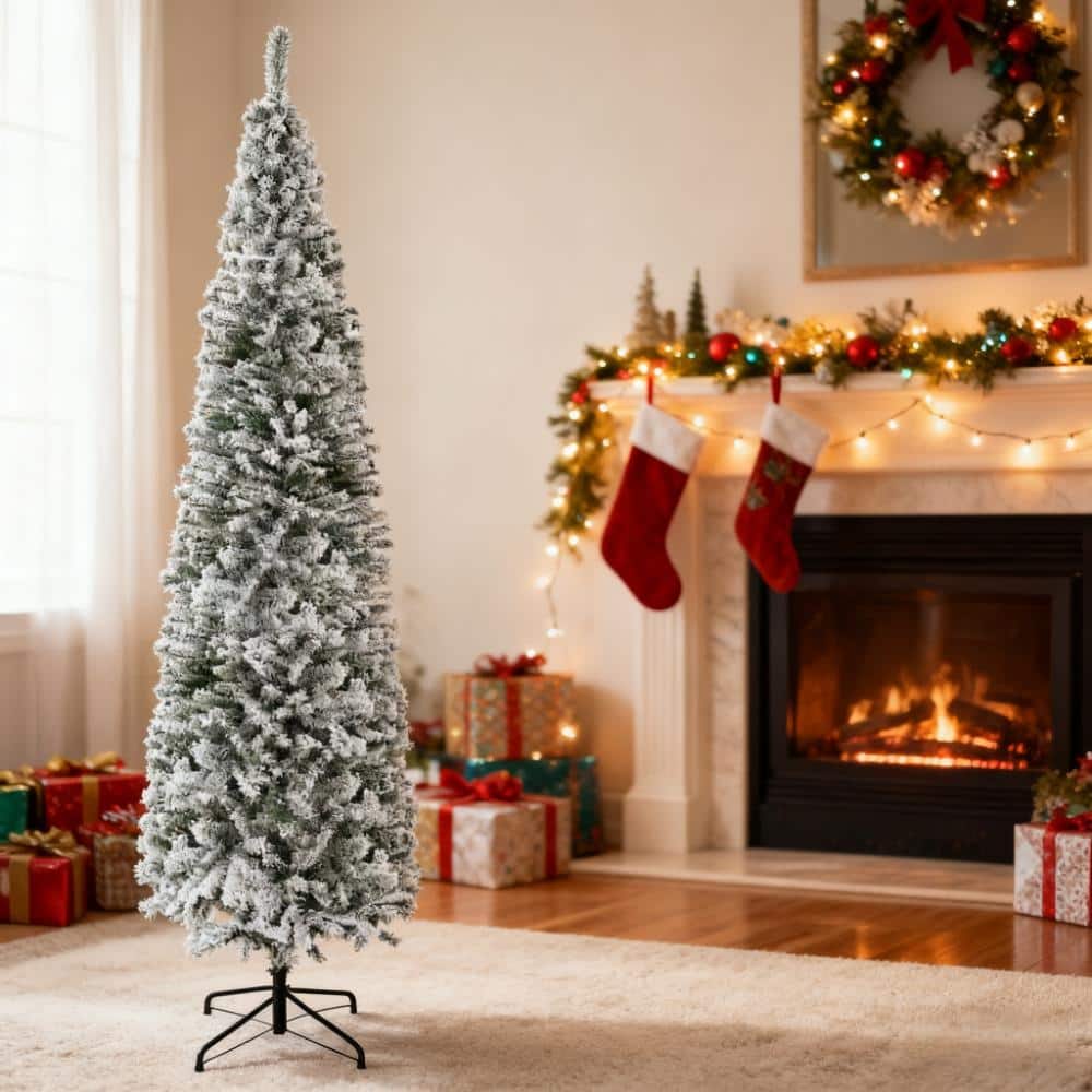 Indoor Holiday Decor,9ft Flocked Christmas Tree, Pencil Artificial Xmas Tree with Faux Snow - Green