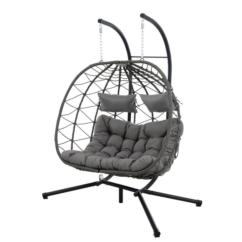 GDFStudio - Sophia 2-Person Hanging Egg Chair with Stand for Indoor and Outdoor Relaxation Spaces - Gray