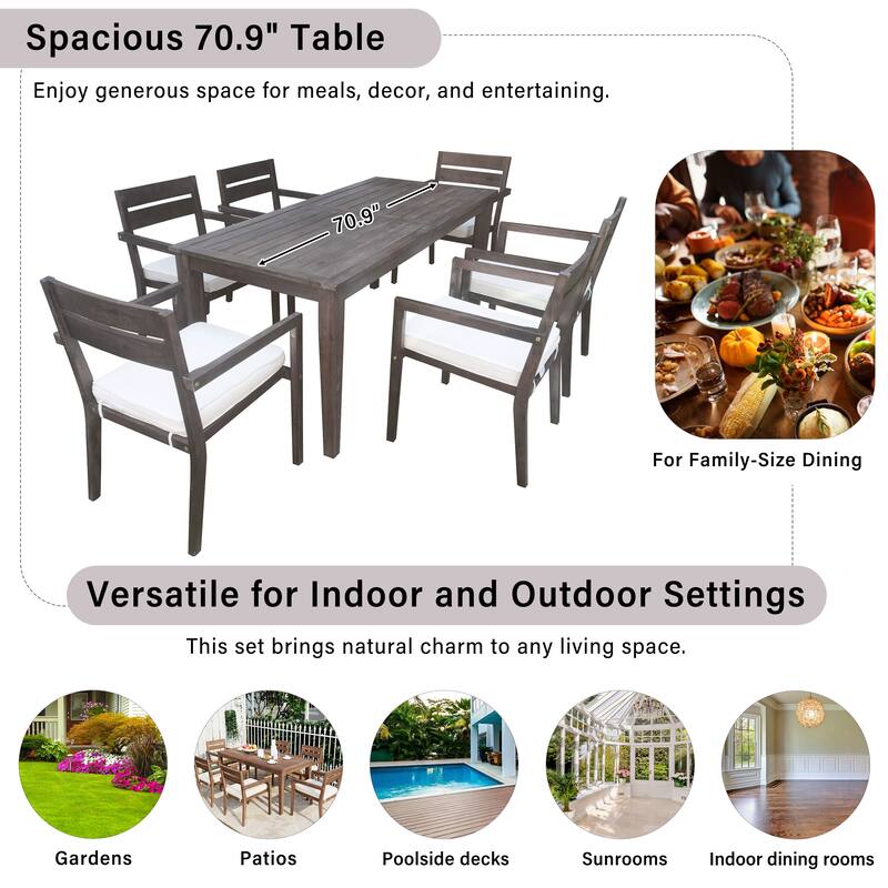 Roomfitters 7-Piece Acacia Wood Outdoor Dining Set with Cushions, 6 Armchairs and Rectangular Table for Patio Garden