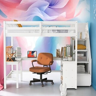 Full Size Loft Bed with Desk and 3-Tier Shelves and Attached Staircase
