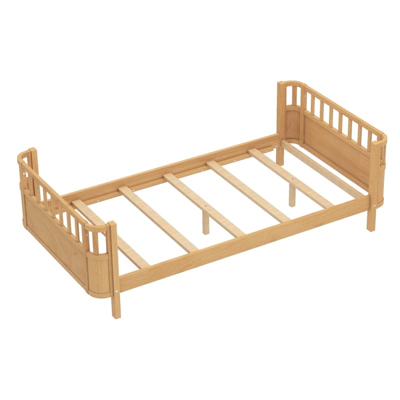 Multi Size Low Platform Bed for Kids with Rounded Corners Guardrails, Detachable Right-side Fence and Open Left-side Design