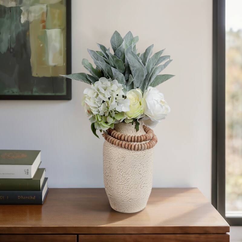 Pottery Mango Wood Vase Textured Surface and Removable Beaded Accent - 6" x 6" x 12"