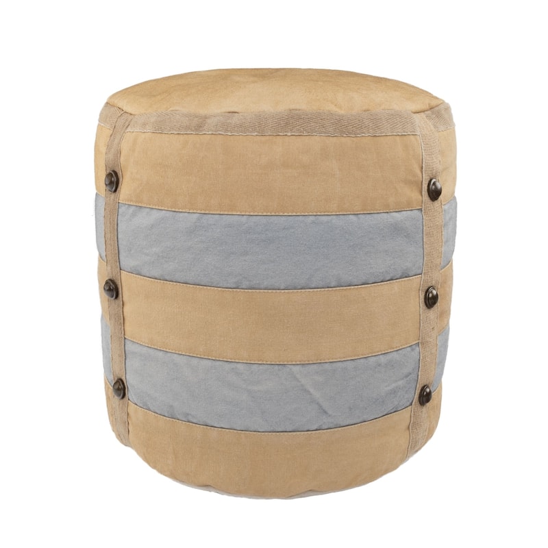 16" Beige and Gray Farmhouse Striped Handmade Round Pouf Ottoman