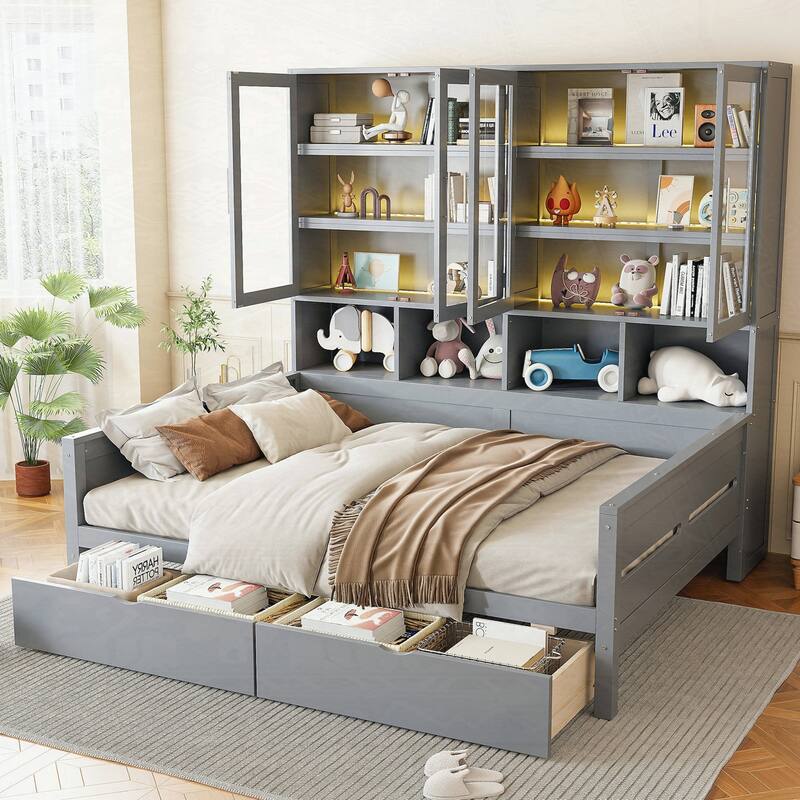 Wooden Daybed with Glass-Door Storage Cabinets and Built-in LED Lighting