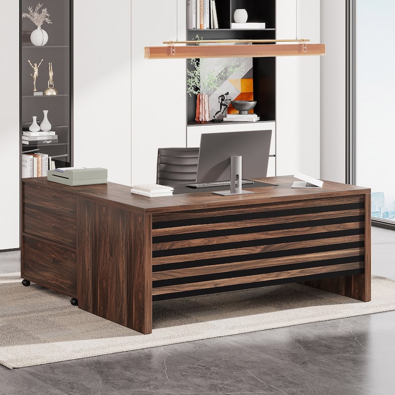 Large Executive Desk with Mobile File Cabinet, 62.2" L-Shaped Office Desk Business Workstation Set - Dark Drown/Black