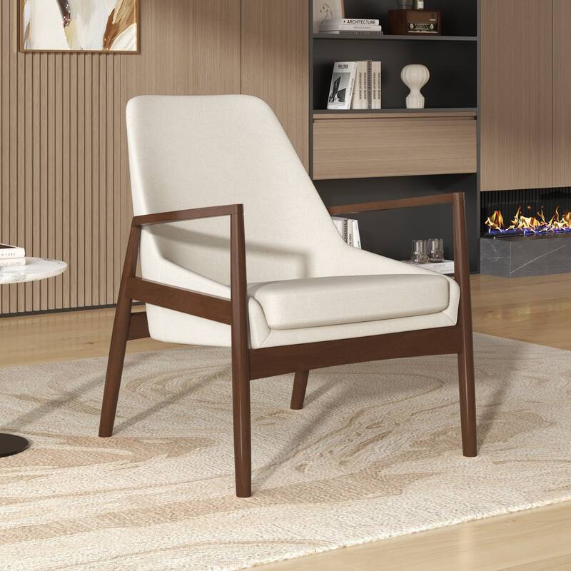 Roomfitters Mid-Century Accent Chair with Solid Wood Frame and High Backrest, Reading Armchair for Living Room - Beige