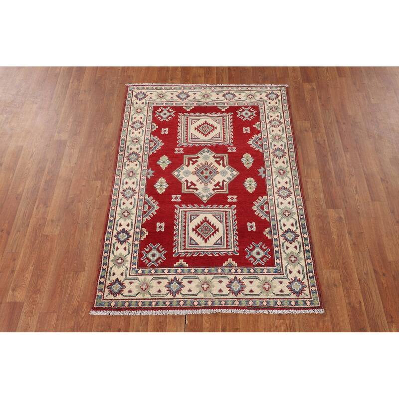 Red Geometric Kazak Foyer Rug Handmade Oriental Wool Carpet - 3'6" x 5'1"
