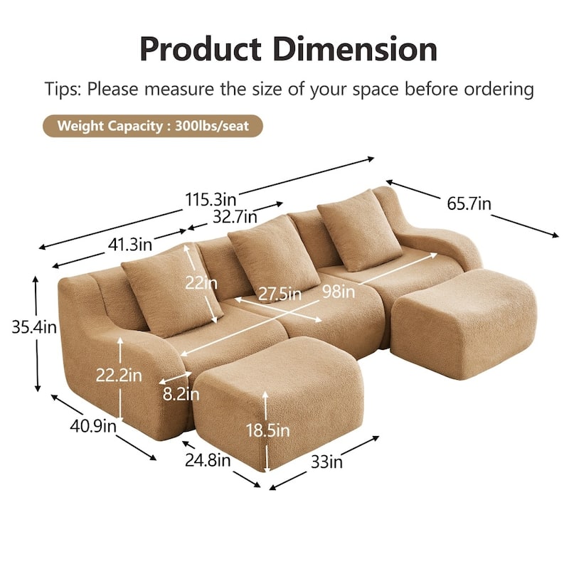 115.3" U-shaped Soft Teddy Fabric Boneless Sectional Sofa for Relaxed