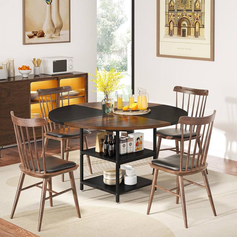 47-Inch Round Wood Dining Table for 4 With Storage Shelf Large Kitchen Table for Home Dining/Living Room - Black