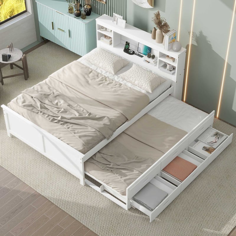 Full Size Platform Bed with Storage Headboard, USB, Twin Size Trundle and 3 Drawers, White