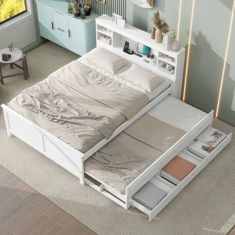 Full Size Platform Bed with Storage Headboard, USB, Twin Trundle, and 3 Drawers in White