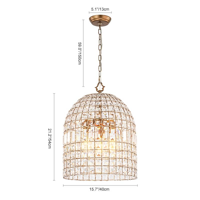 Vintage Glam Crystal Bird Cage Lantern Chandelier - Distressed Brass