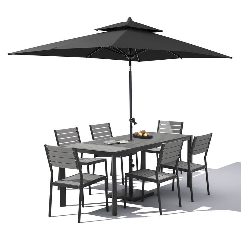 9-Piece Outdoor Patio Dining Set Wood Like Aluminum Umbrella Hole Table with Stackable Chairs, Market Umbrella and Base