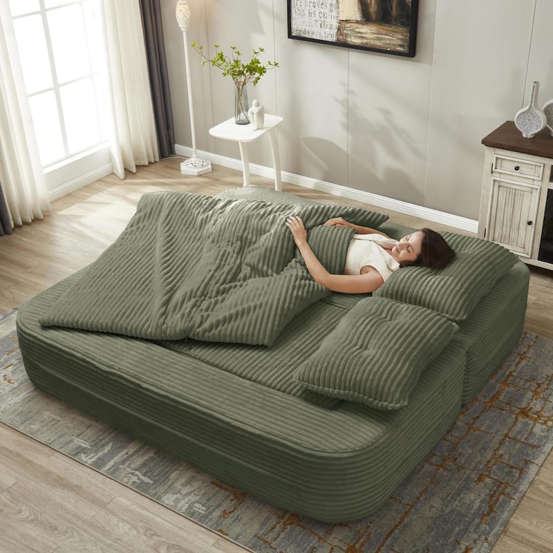 Sleeper Sofa with Chaise Lounge, Convertible Sectional Couch Bed, Corduroy 3-Seat Sofa, Folding Boneless Couch