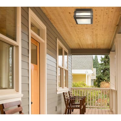 Westinghouse Lighting Devyn 12 Inch, Two Light Outdoor Flush Mount Ceiling Fixture, Textured Black Finish, Frosted Seeded Glass