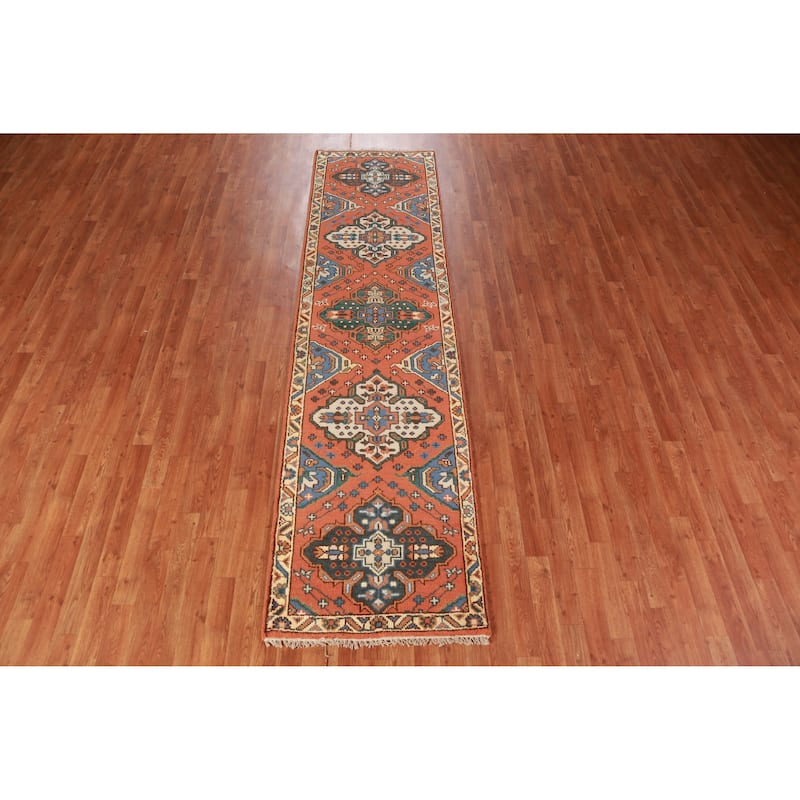 Hand Knotted Oriental 100% Wool Carpet Traditional Geometric Oranges & Rust Kazak Runner Rug - 9' 10'' X 2' 7''