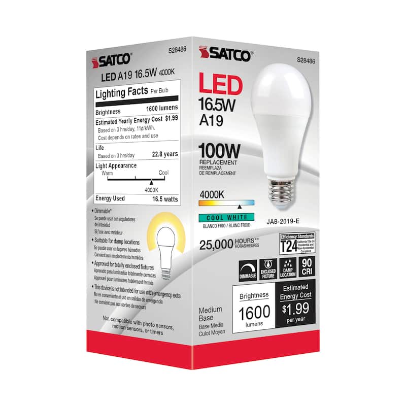 16.5 Watt A19 LED 90CRI 4000K Medium base 220 deg. Beam Angle 120 Volt 1600 Lumens CEC - White - N/A