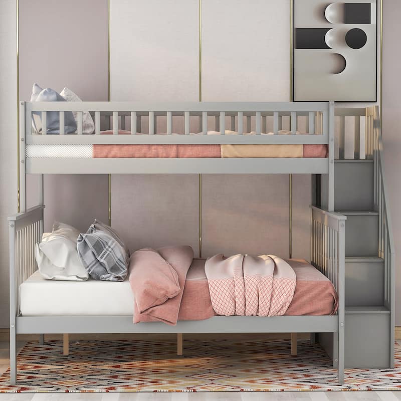 Gray Twin over Full Stairway Bunk Bed with Storage, Convertible to Two Separate Beds