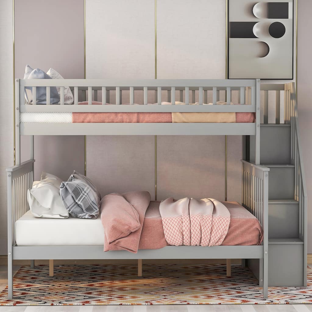 Twin Over Full Bunk Bed with Stairway Storage, Solid Wood Frame, Space-Saving Design