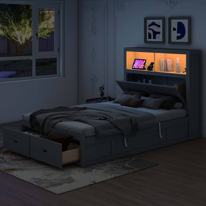 Hydraulic Platform Bed with Storage LED Headboard, Charging Station and 2 Drawers