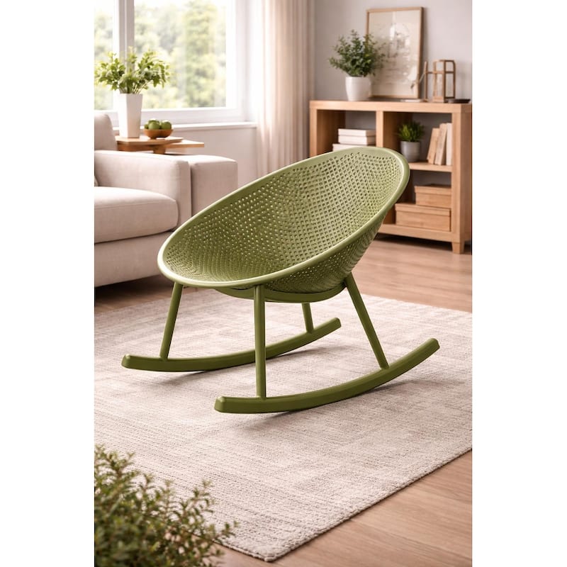 Set of 2 Mid-Century Modern Rocking Lounge Chairs – Egg-Shaped Breathable Plastic Seat with Durable Plastic Base, Accent Seating