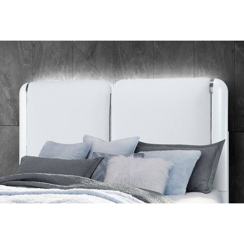 HomeRoots Gray and White Wood And Upholstery Lighted King Bed Frame