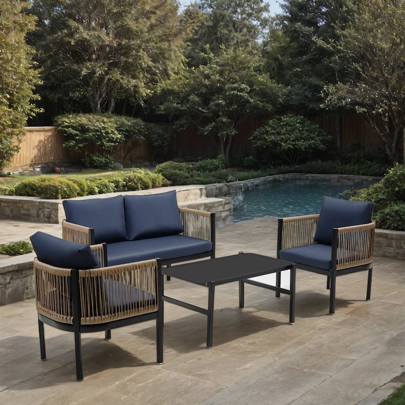 Outdoor Sofa Set with Tempered Glass Table for Garden (Set of 4)