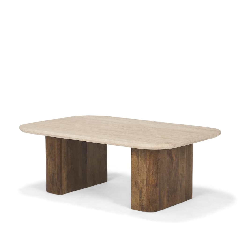Symona Travertine and Mango Wood Rectangle Coffee Table - 44.0L x 30.0W x 15.0H