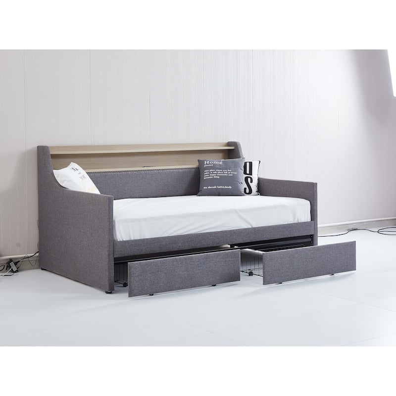 GDFStudio - Bellamy Daybed with Trundle, Upholstered Daybed with Charging Station and LED Lights