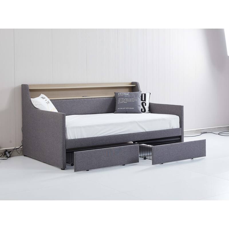 Twin Size Daybed with Storage Drawers, Upholstered Daybed with Charging Station and LED Lights, Gray