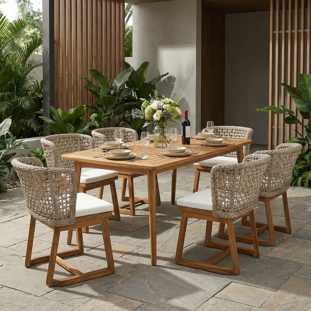 Christopher Knight Home - Outdoor Acacia Wood 7-Piece Dining Set with Wicker Dining Chairs & 71" Rectangular Table