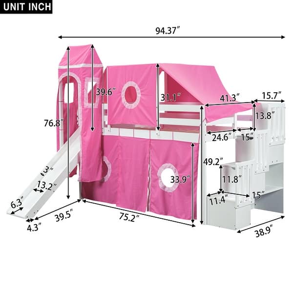 dimension image slide 2 of 4, Castle Loft Bed with Slide & Staircase, Tent & Tower