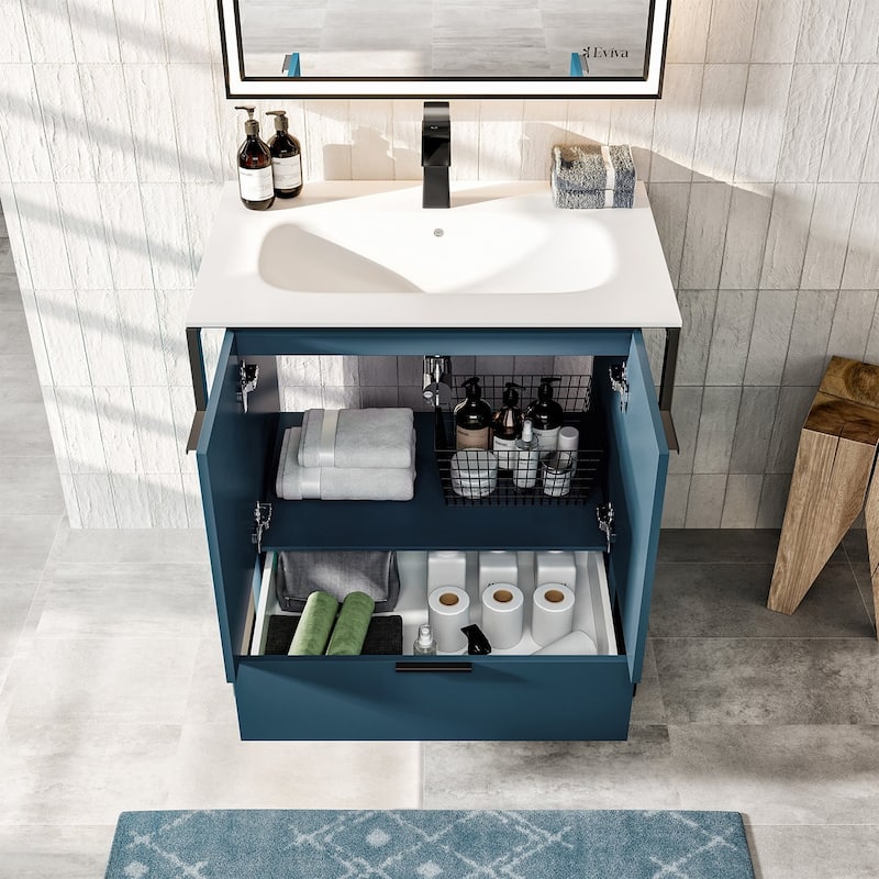 Moma 24" Blue Wall Mount SS Bath Vanity with Solid Surface Top & Integrated Sink