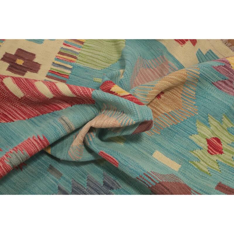 Hand Woven Oriental 100% Wool Carpet Southwestern Tribal Navy Blue & Blues Kilim Area Rug - 9' 10'' X 8' 1''