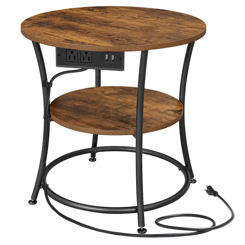 Metal Wood Round Side Table with USB Ports and 2 Tier Storage - 21.7"D x 21.7"W x 21.7"H - Rustic Brown-Ink Black