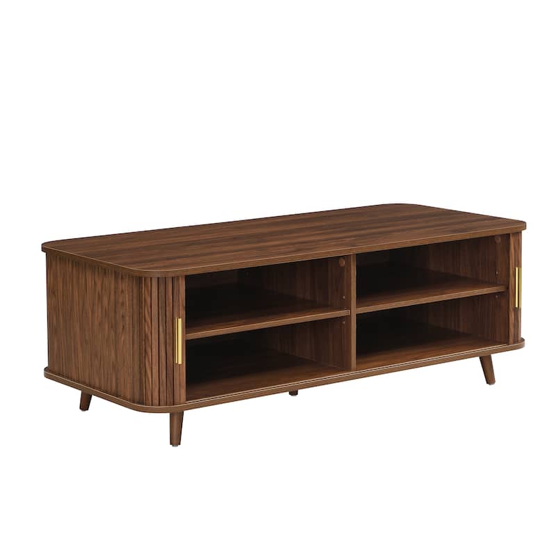 Aron Mid-Century Modern Coffee Table with Semi-Open Tambour Doors and 4 Hidden Storage Compartments, 47.24"