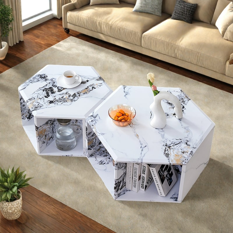 MDF Hexagonal Coffee Table Set with Grid Storage, and Modern Minimalist Design - White