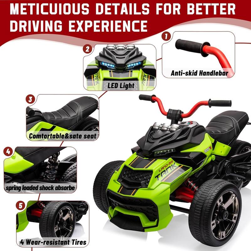 12V Kids Ride On ATV, 3 Wheeler Motorcycle, Rechargeable Battery-Powered ATV Toy Car
