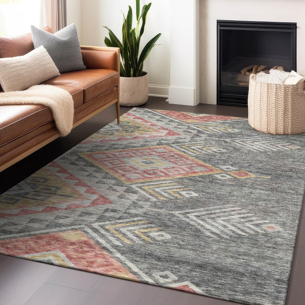 Machine Washable Indoor/ Outdoor Boho Tribal Chantille Rug