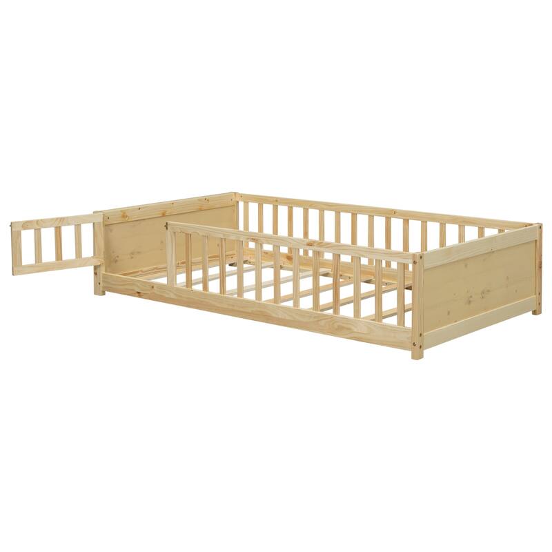 Twin size Floor Platform Bed with Built-in Book Storage Rack, Door