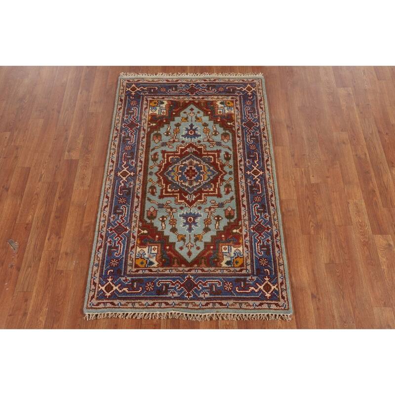 Turquoise Geometric Heriz Serapi Foyer Rug Hand-Knotted Wool Carpet - 3'0"x 4'11"