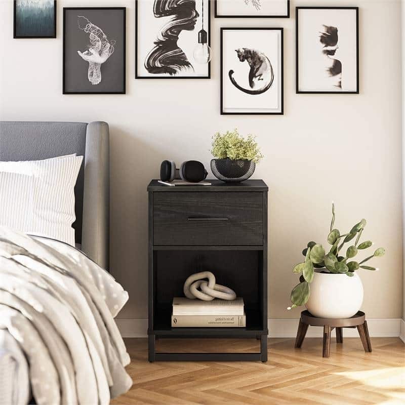 Modern Rustic Nightstand with 1 Drawer and Open Shelf Black Wood Finish and Metal Frame