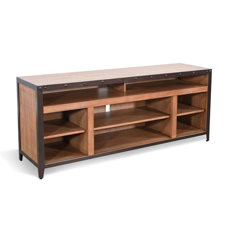 Indir TV Stand Media Cabinet, Open Shelves, Metal, Brown Wood, 66 Inch