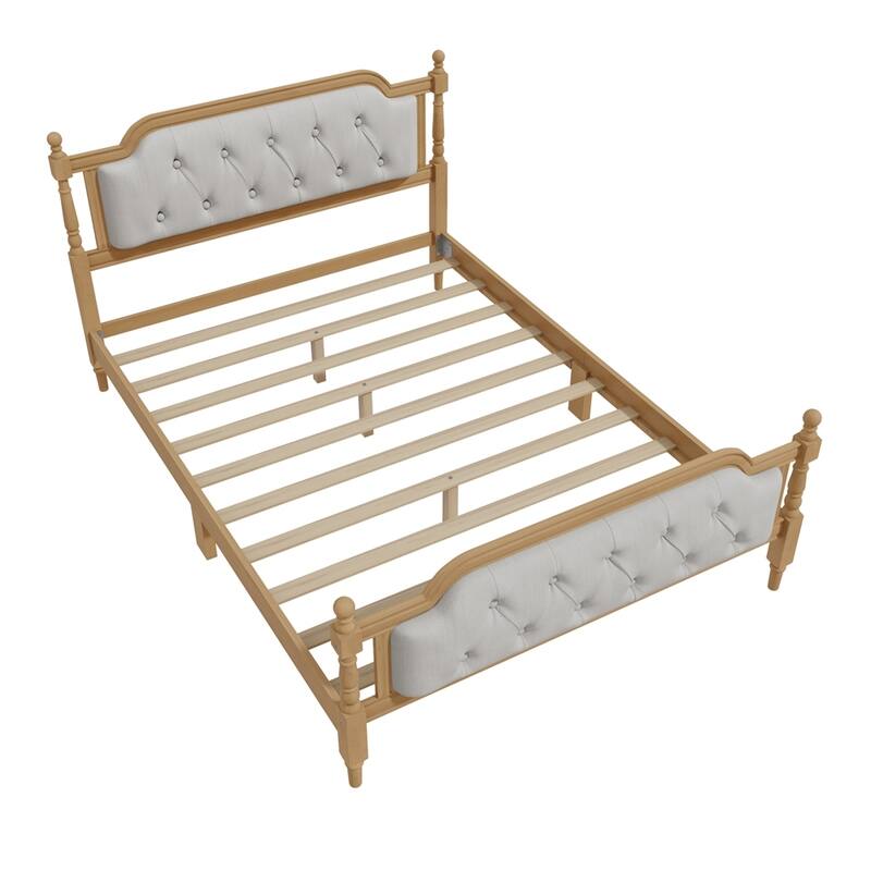 Linen Fabric Upholstered Tufted Headboard Wood Bed Frame