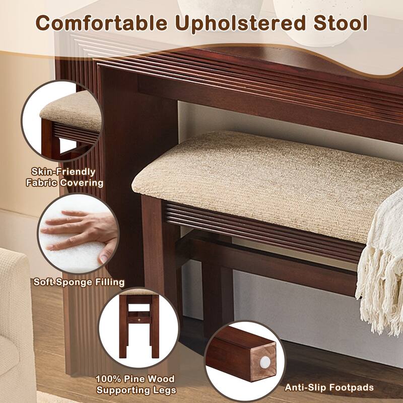 Fluted Counter Height Bar Table Set for 2, Dining Table with Fabric Upholstered Bar Stool with Solid Wood Legs
