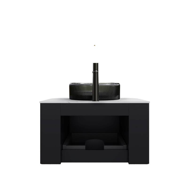 Wall Mounted Bathroom Vanity with Transparent Black Round Glass Basin