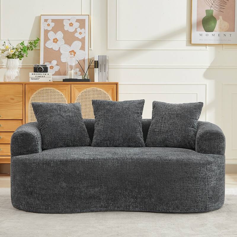 Grey Curved Loveseat 2-Seater Sofa Couch, Minimalist Sleeper Sofa Couch with Pillows for Living Room
