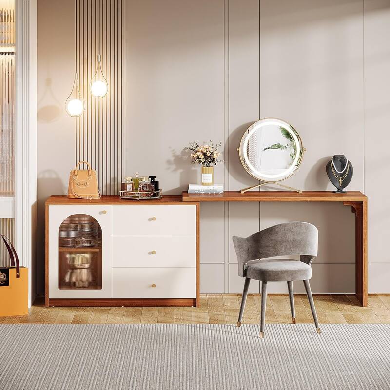 Retractable Makeup Vanity Vanity Desk Dressing Table for Bedroom - Brown